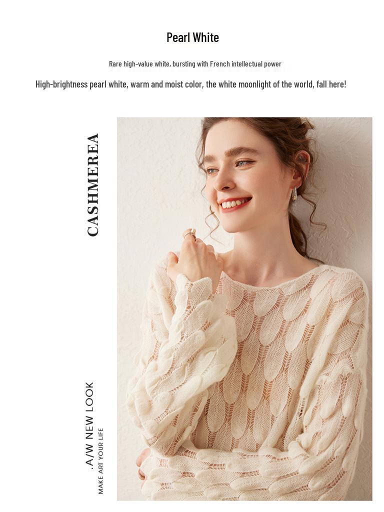 Cashmere Openwork Feather Knit Round Neck Long Sleeve Sweater
