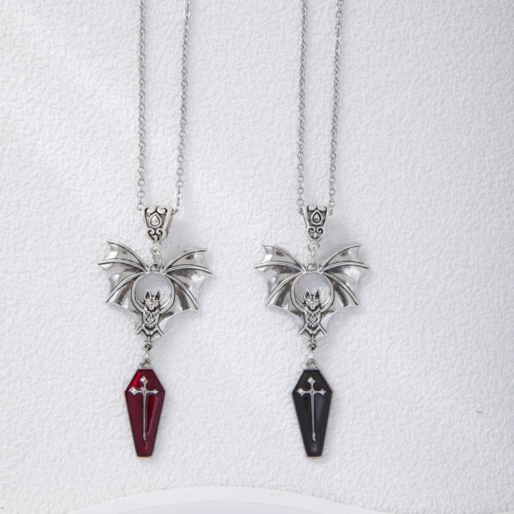 Exaggerated Gothic Sliver Color Vampire Bat Cross Red Coffin Pendant Necklace for Women Halloween Party Retro Punk Jewelry Gift