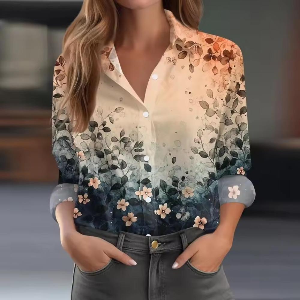 Damen Mode Color Block Knöpfe Bluse Reverskragen Bluse Damen Langarmshirts Damenbekleidung Damenbekleidung