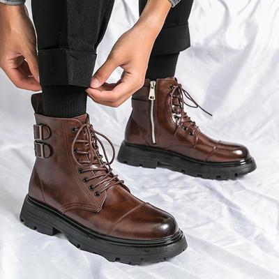 Fashion Winter Boots Fashion Brown Leather Men's High Boots Motorcycle Boots Men Outdoor Thick Bottom Round Head Waterproof Ankle Boots