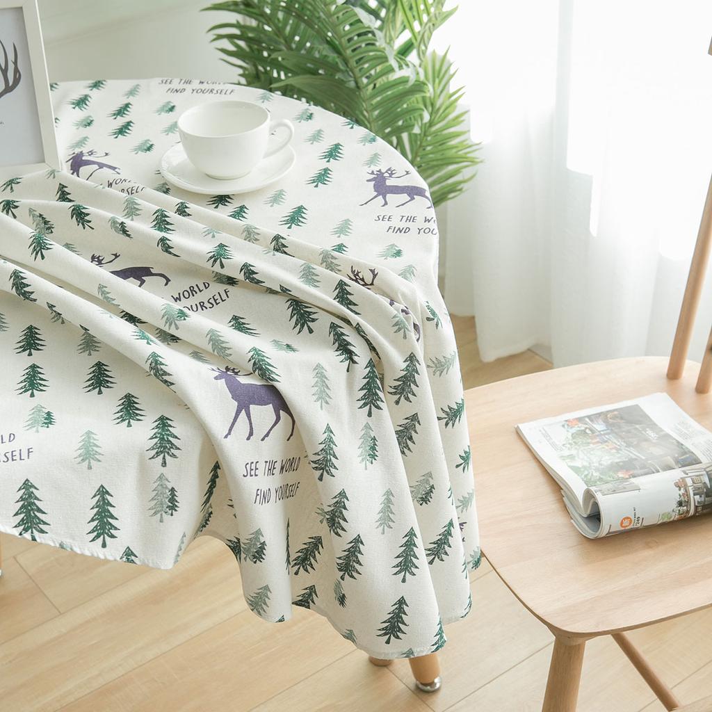 Cotton And Linen Round Tablecloth Elk And Green Christmas Tree Printed Dining Table Cloth For Home Garden Tea