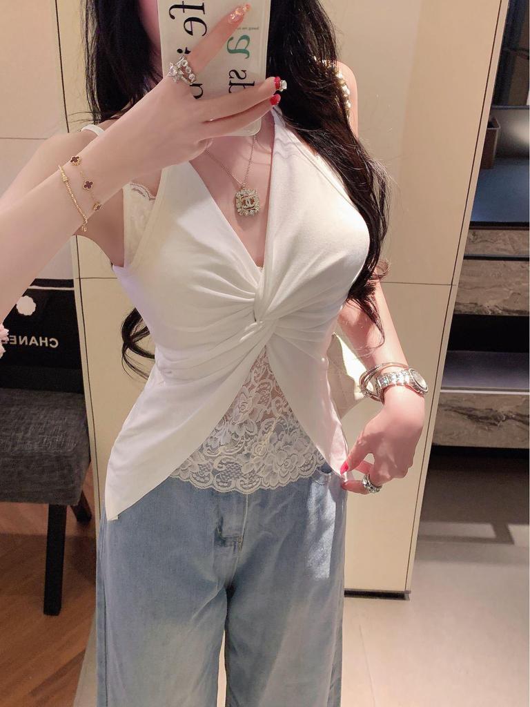 Women's Sexy Lace Halter Top with Padded Bust - Slimming Faux Two-Piece Versatile Tank