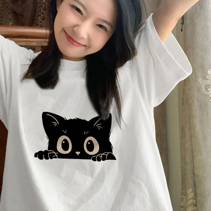 Ladies Summer Short Sleeve Round Collar Casual Black Cat Printed Teenager Oversize Cotton T Shirt Top