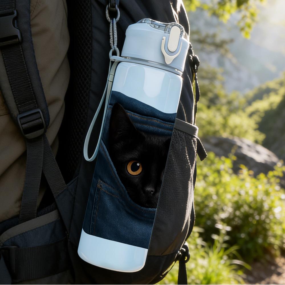1PC Black Cat Jean Pocket Peeking 750ml Color Plastic Sports Water Bottle Leakproof Flip Straw Lid Suitable for Sports Office Home Use