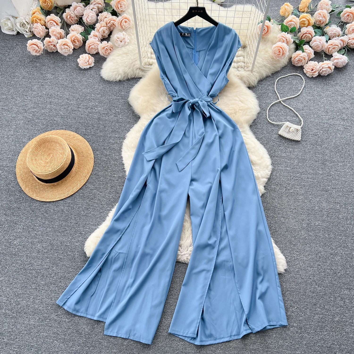 

Літній Vintgae Жіночий комбінезон із широкими штанинами Жіночий елегантний V-Nevck без рукавів із високою талією Тонкий повсякденний бандажний комбінезон Нова мода One Size синій