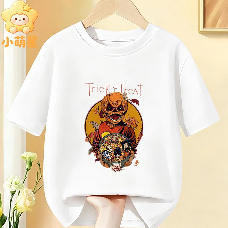 Halloween Vintage Trick or Treat Scarecrow Moon Bat Printed Kids Tee Cotton O‑Neck Short Sleeve Fashion Children Clothing Tops