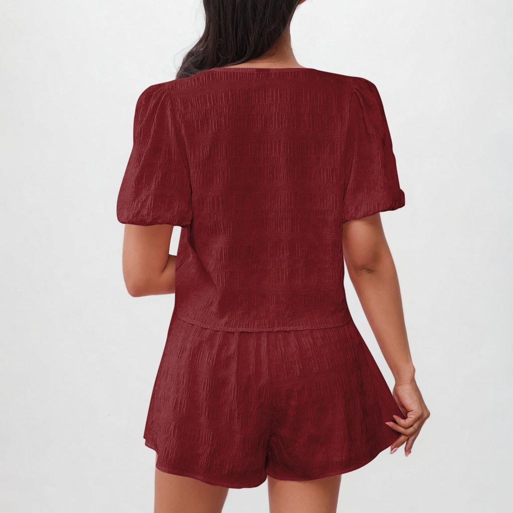 Women's Loose Casual Solid Color Short Sleeve Top Loose Shorts Set