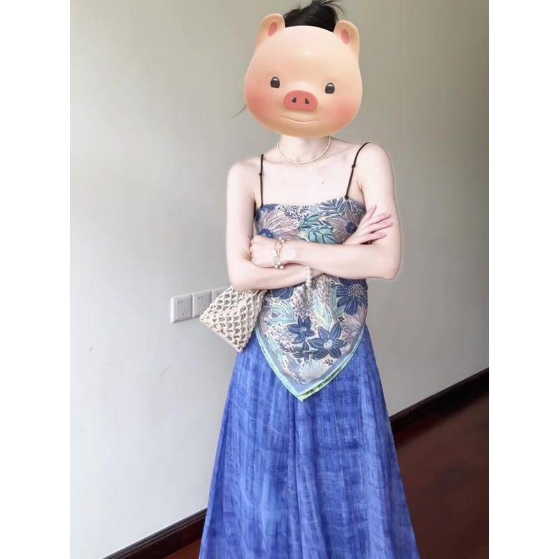 Super Beautiful Holiday Style Set Women Summer Blue Print Backless Sling Top Casual Wide-Leg Pants Two-piece Set