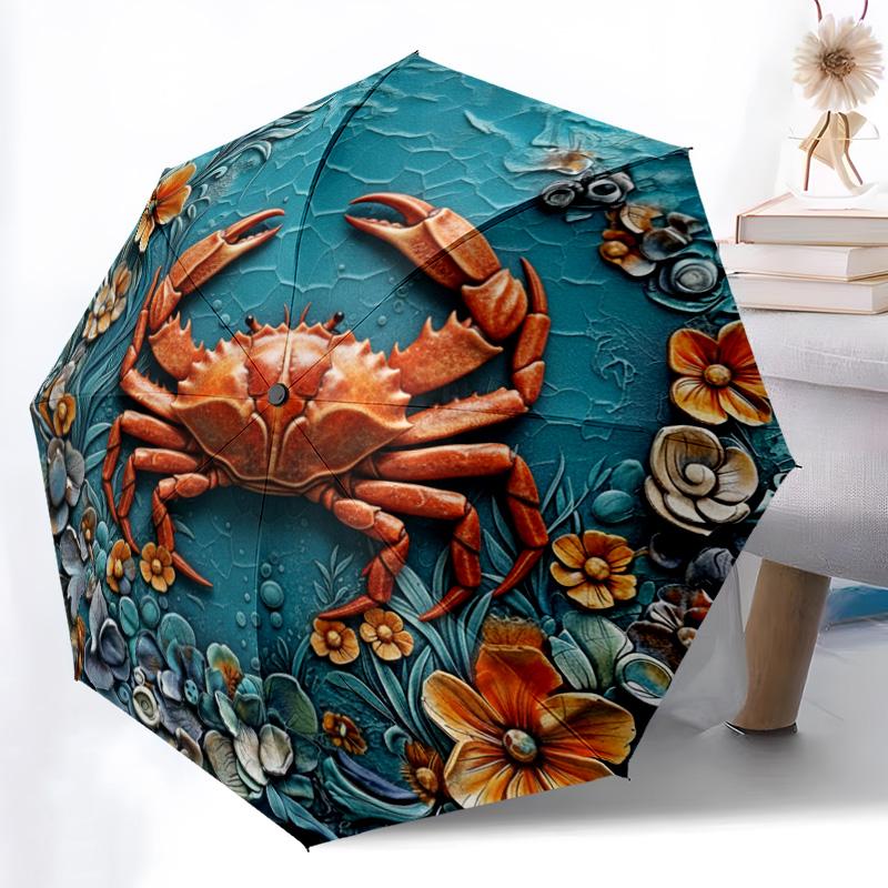 0106 Embossed Floral Marine Animals Pattern, Automatic Folding Umbrella, Portable and Foldable Design, 8 Ribs, a Christmas or Birthday Gift.