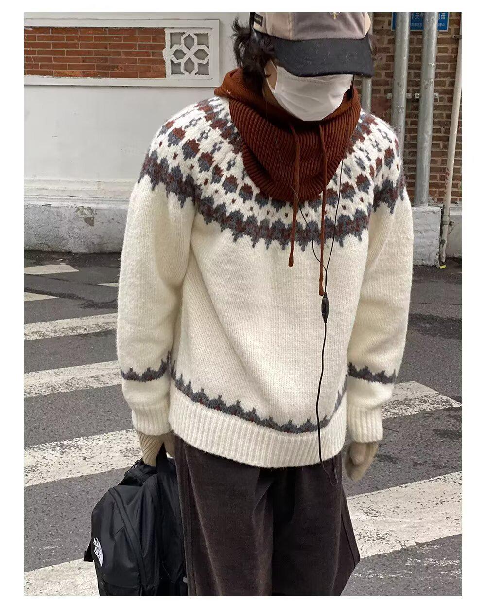 Retro Fair Isle Round Neck Jacquard Pullover - Trendy Loose Knitwear for Couples, Long Sleeve. XL