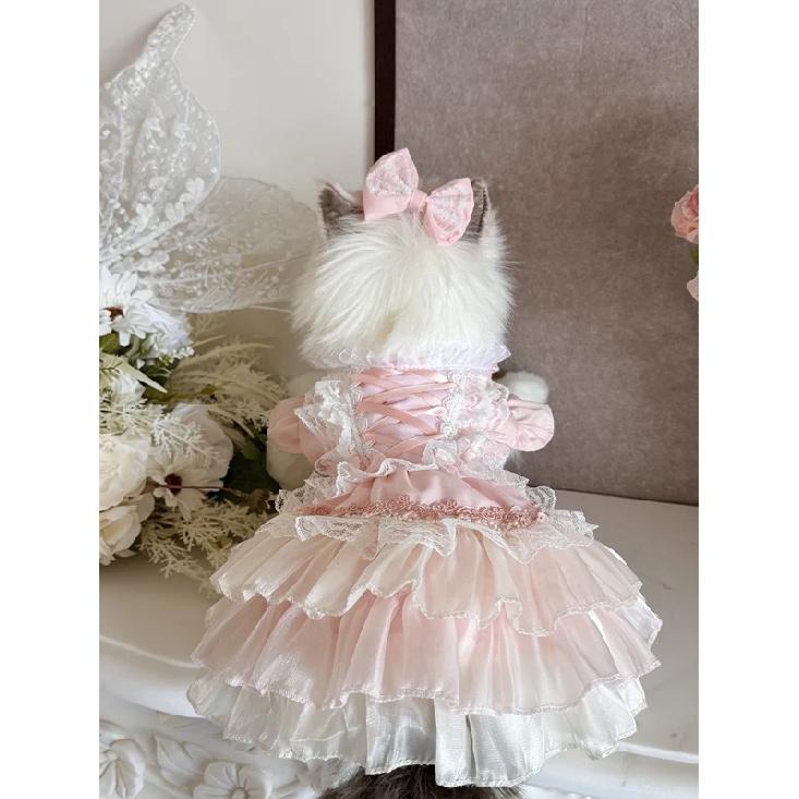 Korean Pink Lovely Pet Dog Clothes Simple Handmade Cotton Lace Party Princess Dresses for Small Medium Dog Poodle Puppy Overalls