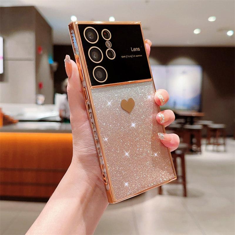 Luxury Love Logo Lens Film Glitter Electroplated Mobile Phone Case for Samsung S23 22 21 Ultra Plus S20 FE A54 53 52 A14 A23 Fall Protection Cases
