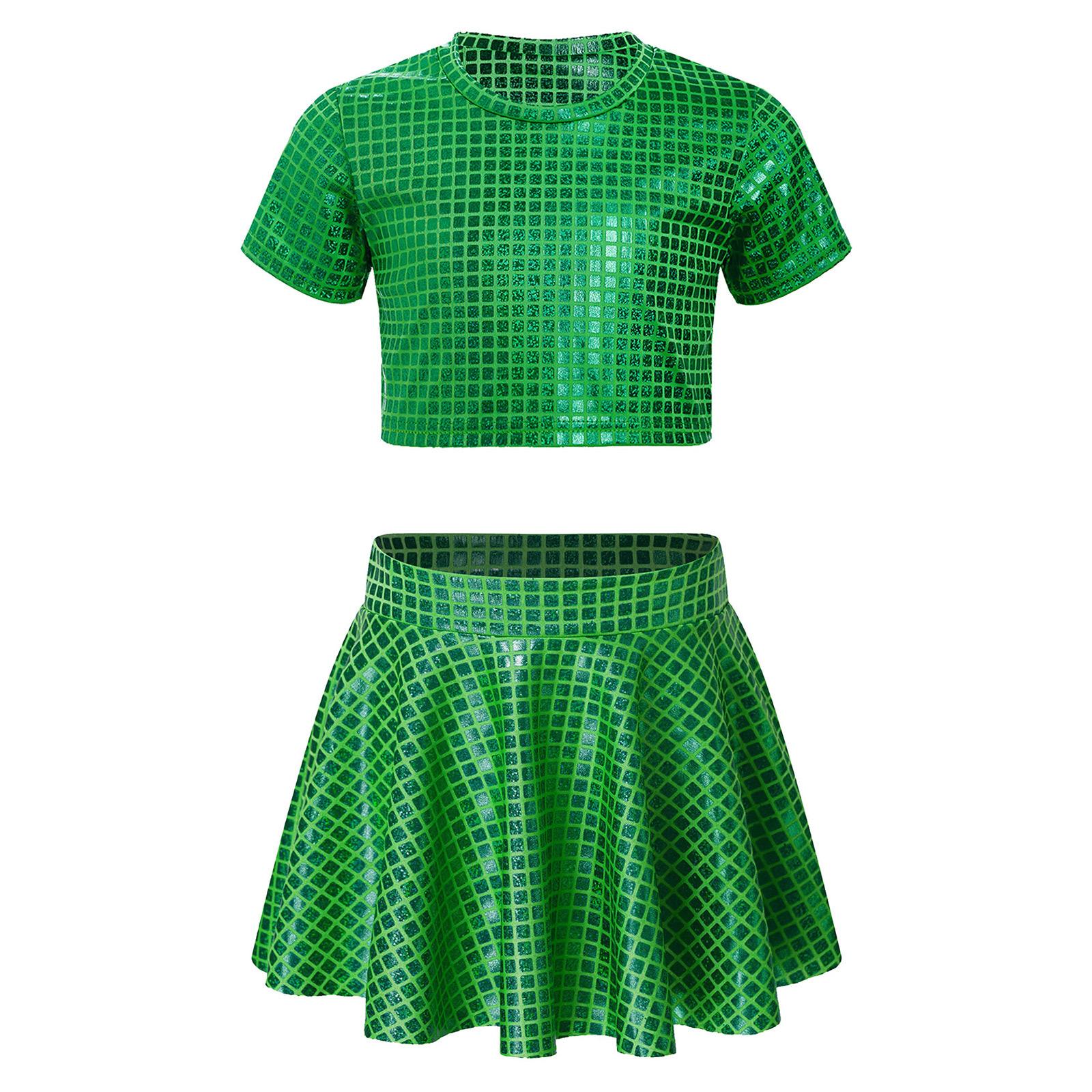 

Костюм для девочек в стиле чирлидинга, укороченный топ в клетку с металлическим узором, пайетки, юбка с оборками, круглый вырез, короткий рукав, танцевальный комплект 9-10 Years зелёный