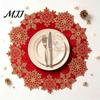 Elegant Lace Table Mats Christmas Embroidered Placemat, Red And Gold Snowflake Coasters Mat, Heat Resistant Polyester Decorative Mat for Party Banquet