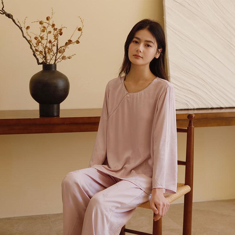 Spring new women's four seasons cotton satin solid color jacquard antique pullover pajamas set loungewear