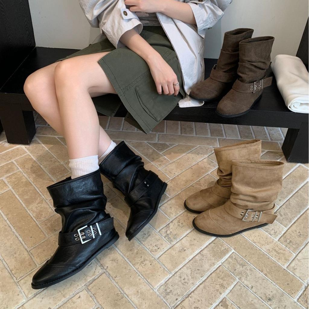 Retro style belt buckle stacking boots women's pleated knight boots locomotive boots temperament inner height increase short boots