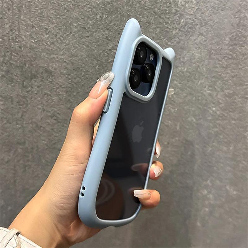 Cartoon 3D Cute Cat Ears Silicone Shockproof Phone Case For iPhone 11 12 13 14 15 16 Pro Max X XR XS Transparent Acrylic Cover