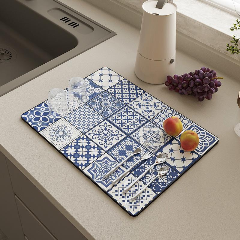 Dish Drying Mat Exquisite Pattern Wear Resistant Absorbent Draining Mat Dining Table