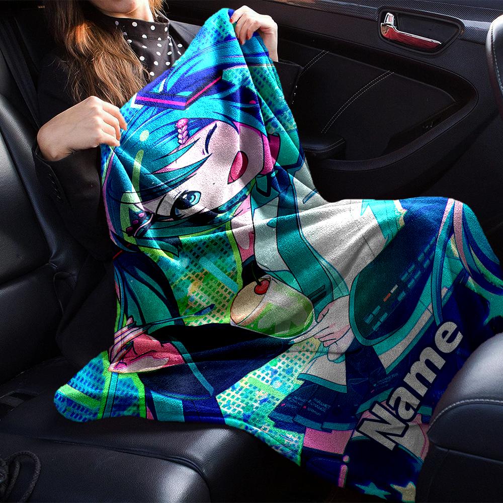 Custom Name Hatsune Miku Theme Printed Blanket - Perfect for Couch, Bed, Travel & Outdoor Use | Machine Washable, Cozy & Durable.