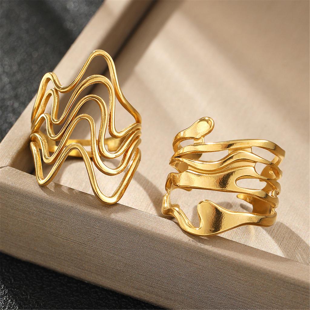 2PCS Unique Rings Fashion Rings Set Irregular Lava Shape Opening Rings Stainless Steel Texture Present for Men and Women