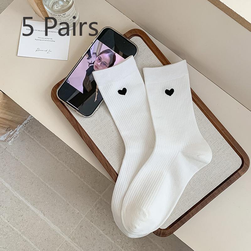 5 пар модных женских носков, носки до середины икры с маленькими сердечками, однотонные полосатые бесшовные махровые носки, серые носки 5 pairs