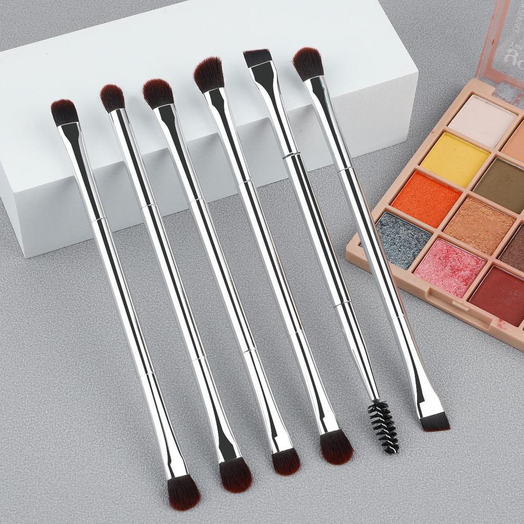 Sleek 6-Piece Silver Makeup Brush Set: Double-Ended Eyeshadow, Blending, Eyebrow Brushes & Dual-Use Brush with Spiral Eyelash Curler
