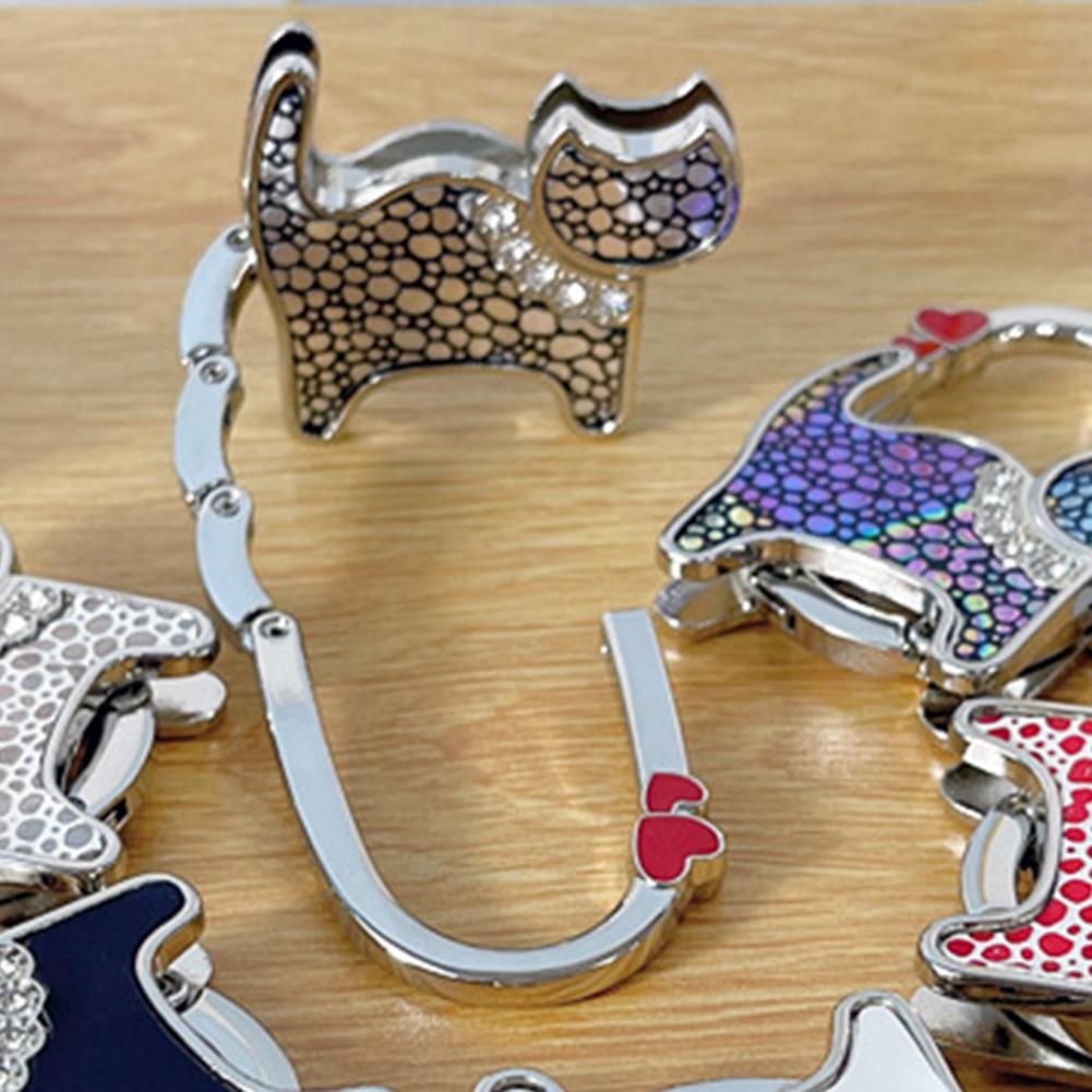 Cat-Shaped Bag Hook with Shiny Rhinestones Decor Non-Slip Base Foldable Desk Edge Handbag Hanger Keychain