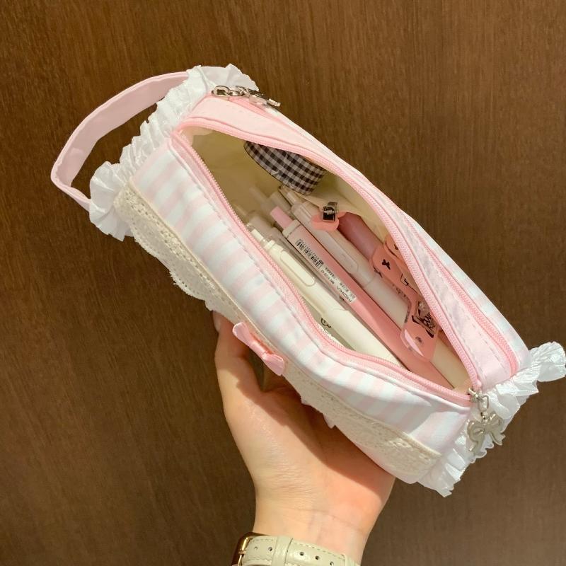 Cute Lace Pencil Case Water Resistant Large Capacity Pen Pouch for Students School Office Desktop Stationery Storage