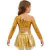 Kids Girls Jazz Dance Costume One Shoulder Long Sleeve Sequins Top with Elastic Waistband Metallic Tutu Skirt for Performance Competition
