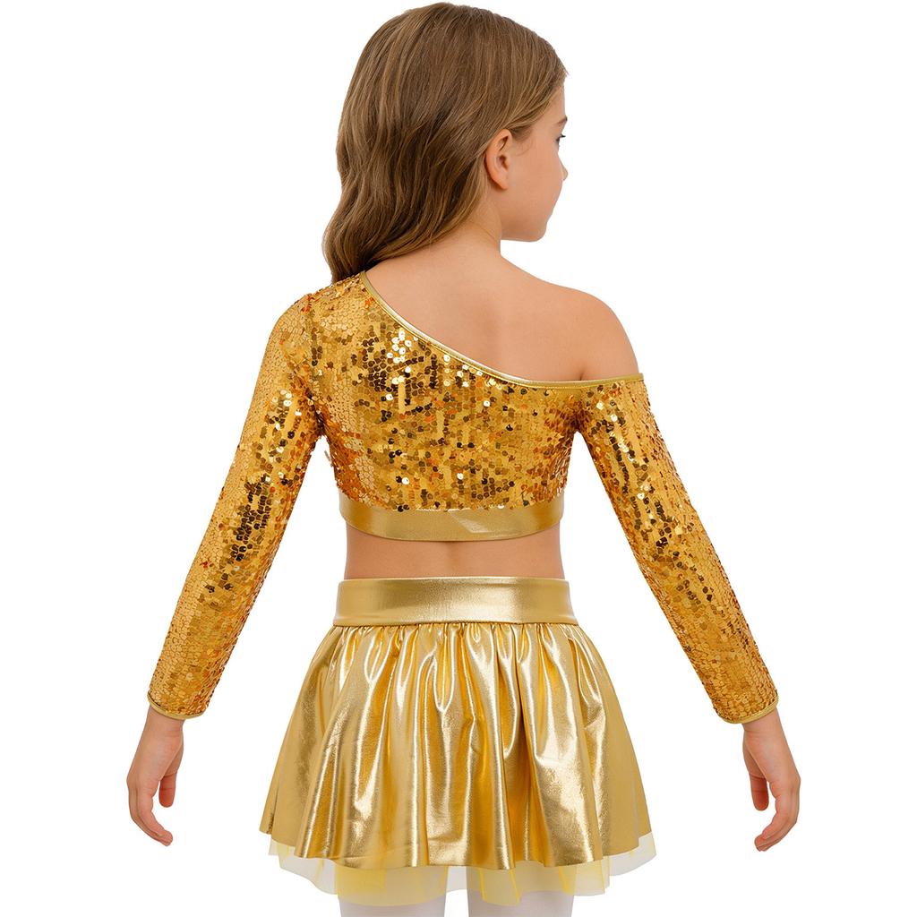 Kids Girls Jazz Dance Costume One Shoulder Long Sleeve Sequins Top with Elastic Waistband Metallic Tutu Skirt for Performance Competition