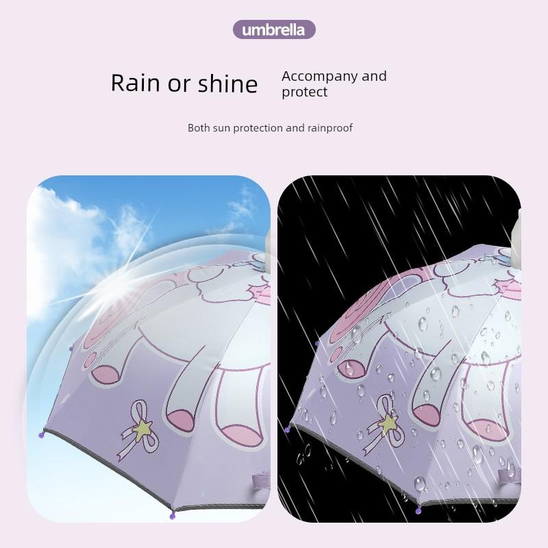 2026 New Model Children's Umbrella Cartoon Black Plastic Dual-Use Umbrella for Sun and Rain, Automatic Reflective Strip Long-Handle Umbrella for