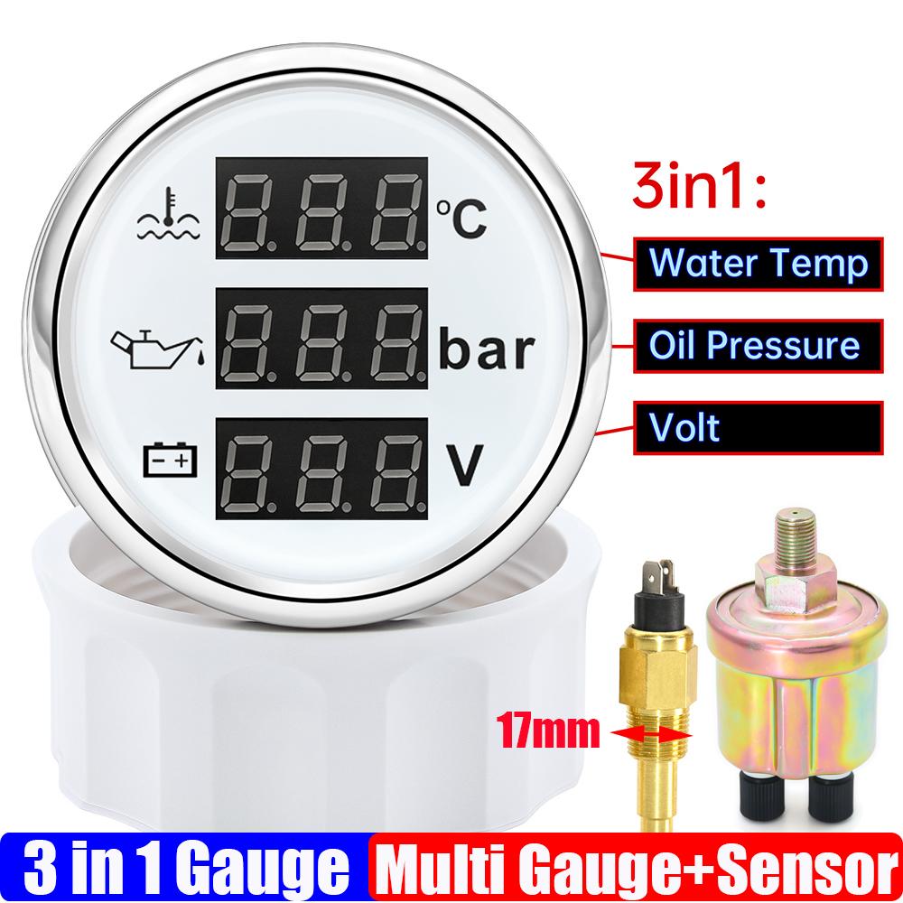 3 In 1 Digital 52mm Gauge with Alarm 0~120℃ Water Temperature Gauge+Oil Pressure+Voltage with Oil Press/Water Temp Sensor