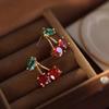 New Red Zircon Cherry Leaf Stud Earrings Women Piercing Jewelry For Fashion Crystal Dangle Party Prom Birthday Wedding Gifts
