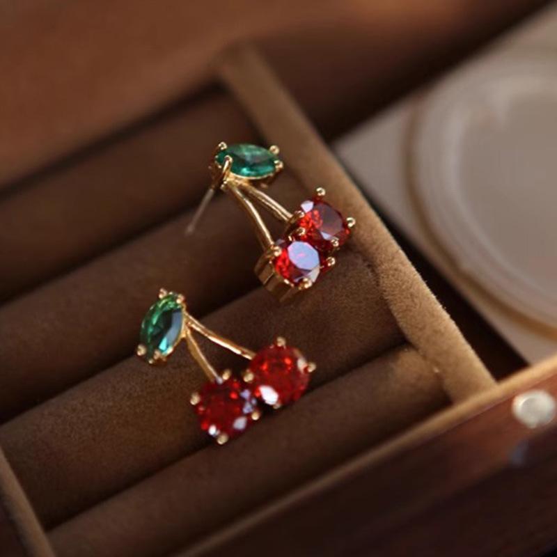 New Red Zircon Cherry Leaf Stud Earrings Women Piercing Jewelry For Fashion Crystal Dangle Party Prom Birthday Wedding Gifts