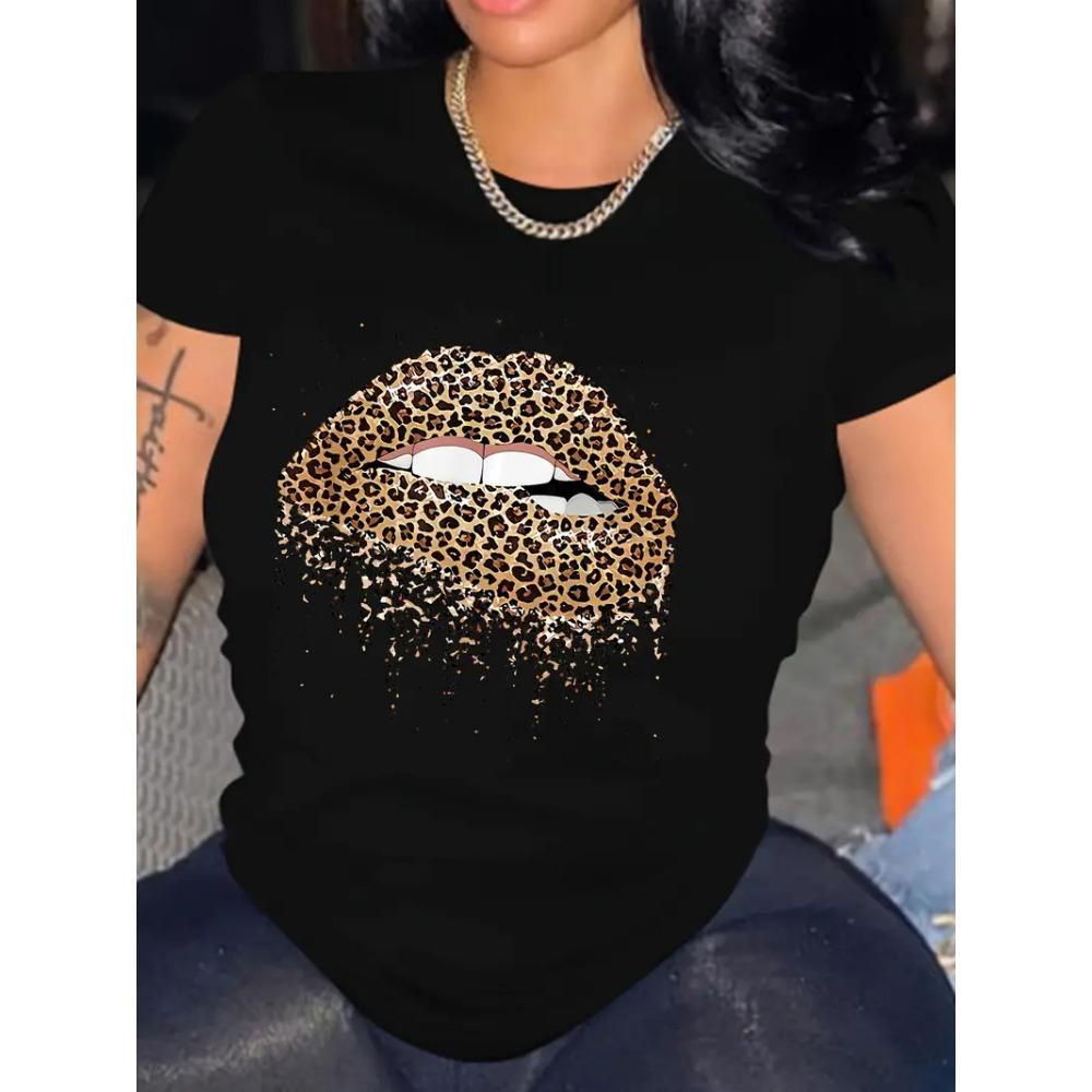 

Leopard Lips Graphic Tee Shirt Valentine s Day Crew Neck Short Sleeve Casual Everyday Tops Women s Clothing S