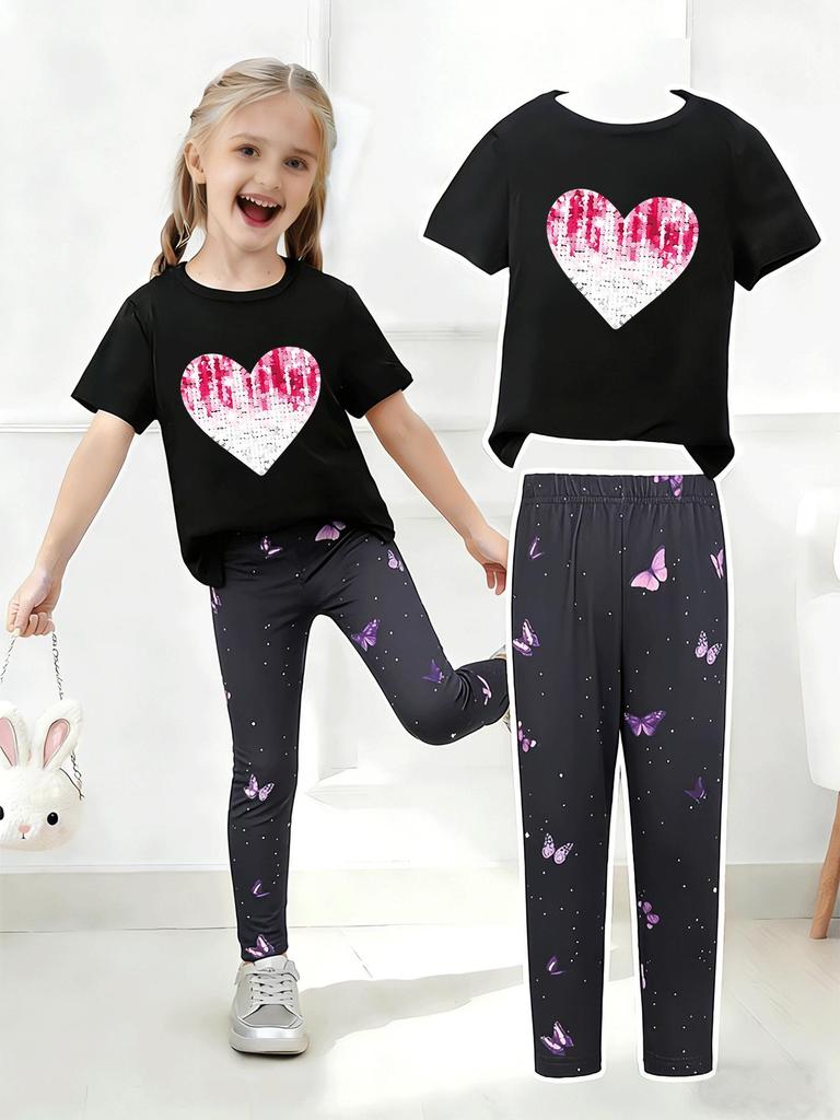 Girls' Summer Casual Short-Sleeve Long Pants Set - European & American Print