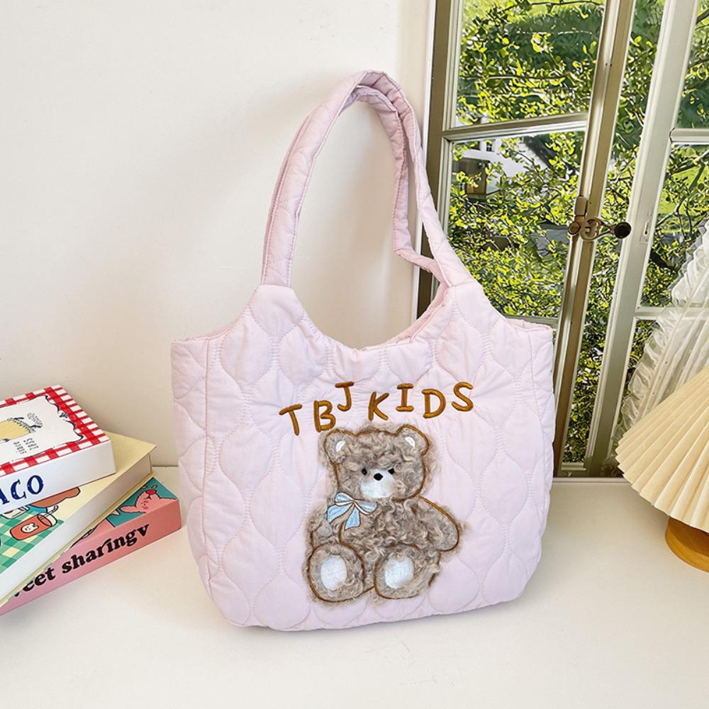 Japanese Style Cartoon Bear Shoulder Bag Padded Down Cloth Tote Bag Nylon Quilted Handbag  Shool фиолетовый