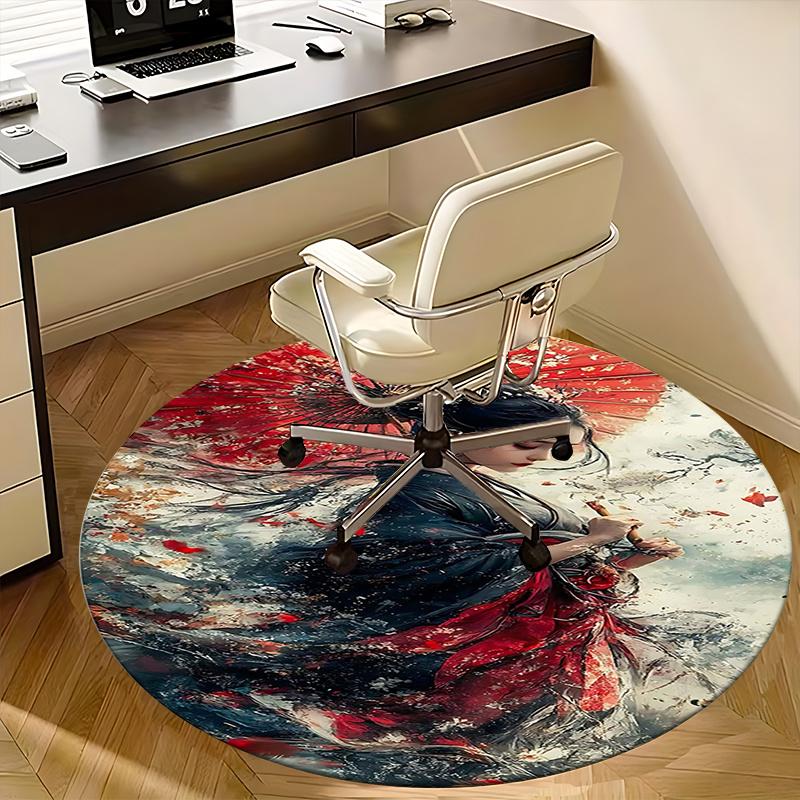 Traditional Japanese Kimono Chair mat Round Rug-Office carpet, Machine Washable, Non-slip, Suitable for Living Rooms, Bedrooms, Entryways, a