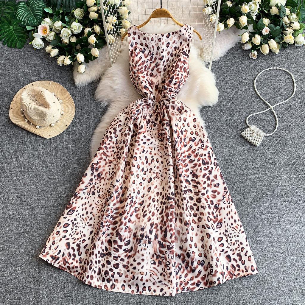 Elegant Sleeveless Leopard Print Summer Dress Women's Round Neck Three-Dimensional Cutting Drapped Slim Party Dresses Robes
