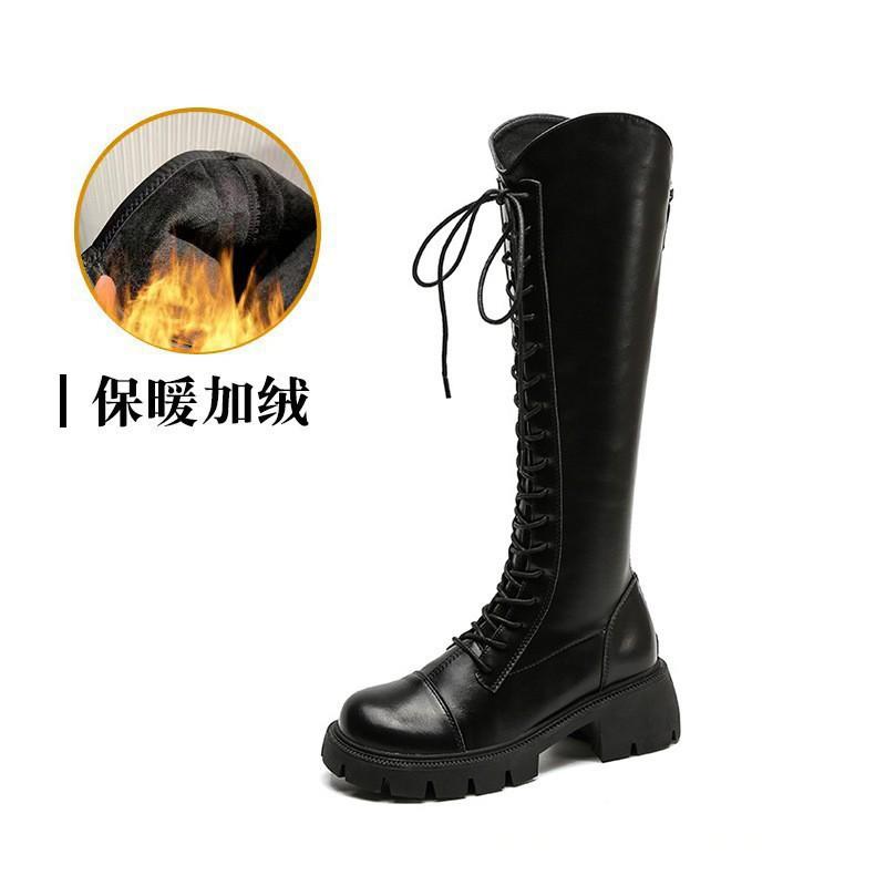Cowhide~ Long Boots Women's New Autumn and Winter Lace-up Thin Boots Thick-soled Knight Boots Long Boots Leather High Boots