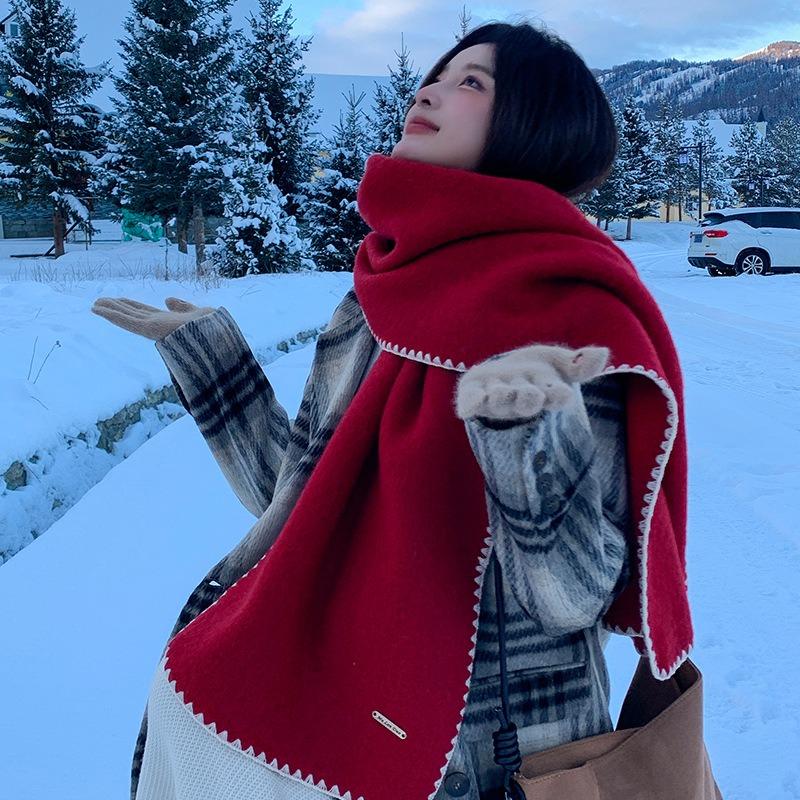 Premium sense including wool red knitted scarf women's new winter atmosphere thickened warm scarf