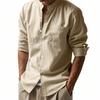 Linen Shirt with Long Sleeves and Stand Collar Breathable Casual Men's New Chinese-Style Pocket Shirt