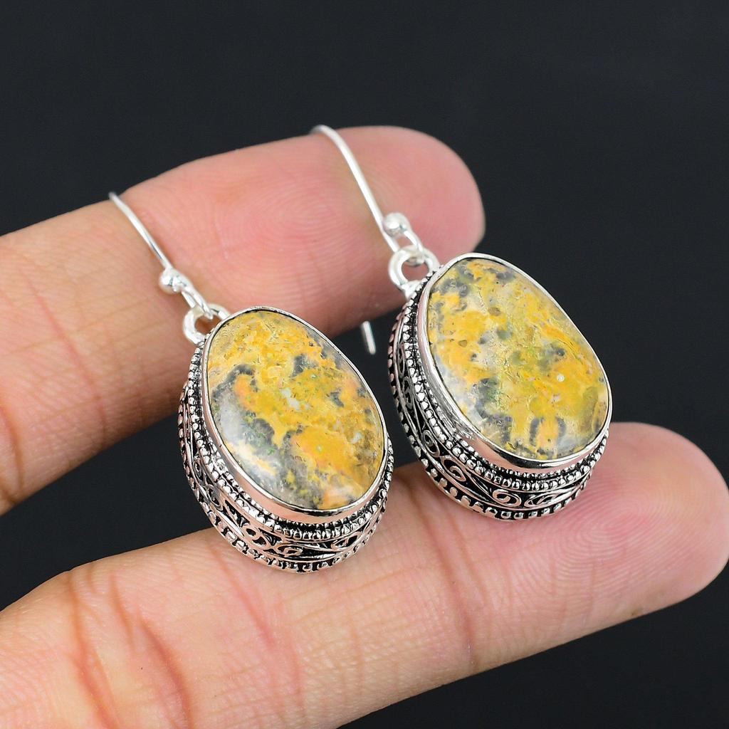 Daughters Day Deal Bumble Bee Jasper Stone 925 Silver Dangle Earrings Jewelry