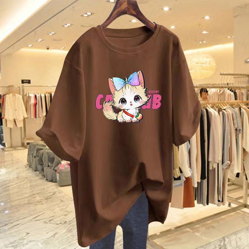 

New cotton bow cat print short-sleeved t-shirt women s summer new age-reducing loose top bottoming shirt XXXL