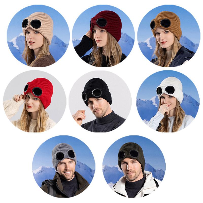 Hat Women Winter Windproof Glasses Pullover Knitted Hat Men Ski Fleece Warm Wool Hat Skullies Beanies Sleeve Cap