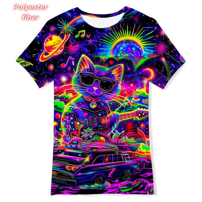 3D Printed Colorful Geometry T-Shirt For Men Music Cat Pattern Tees Summer Street Casual Short Sleeve Tops Loose O-Neck T Shirts