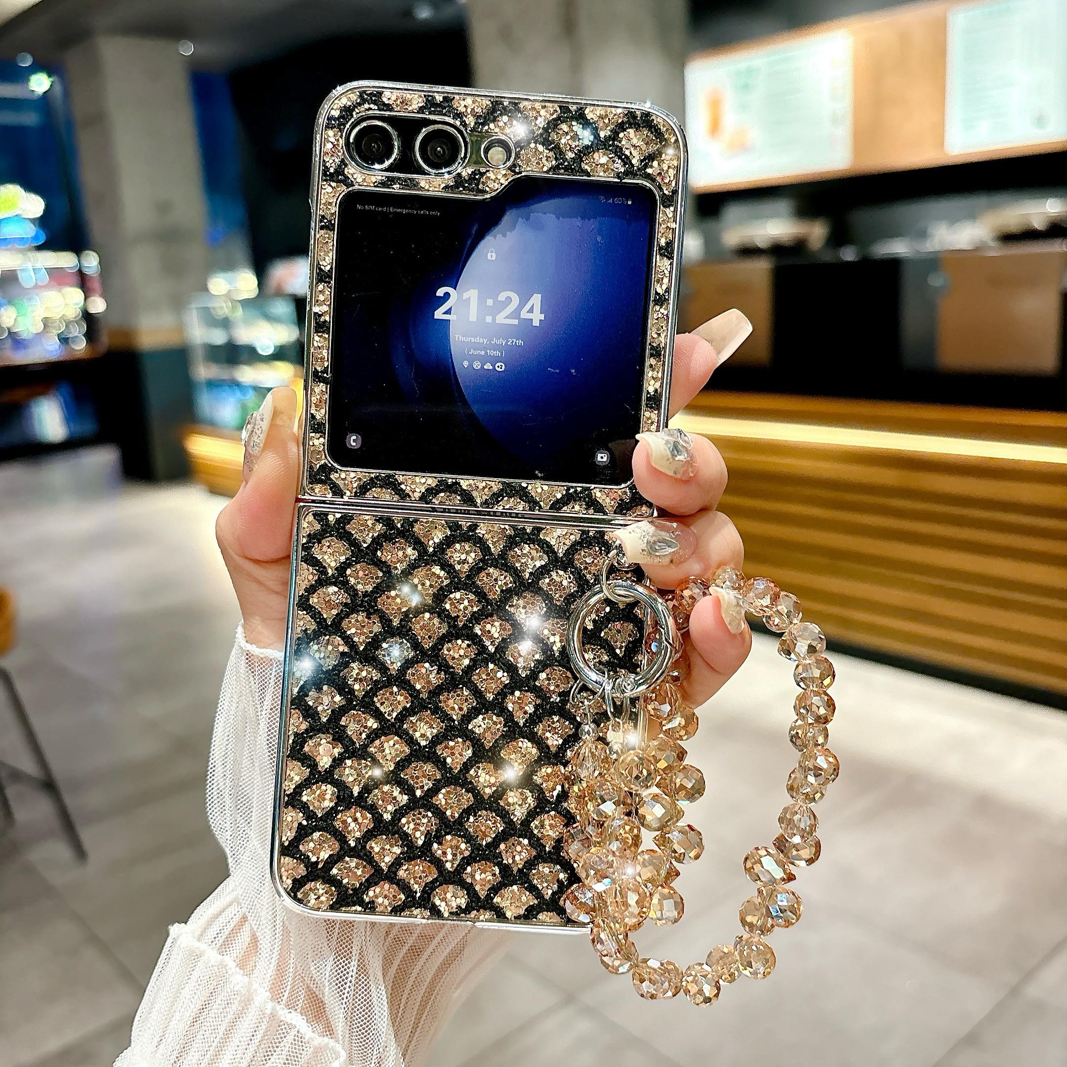 Glitter Schubbenpatroon Hoesje voor Samsung Galaxy Z Flip3 Z Flip4 Z Flip5 Z Flip6 Bling Kristal Geluksarmband Cover for Z Flip4