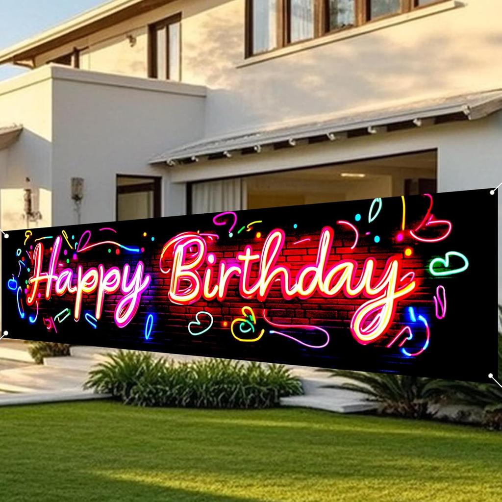 Nuxovilar Happy Birthday Yard Banner - 78.7x17.7 Inch Brick Wall with Colorful String Lights,Happy Birthday Yard Design, Outdoor/Indoor Giant