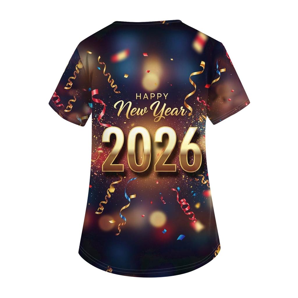 Women's Fashion Printed Short Sleeve V Neck Pattern Tops Pocket Working T-shirts