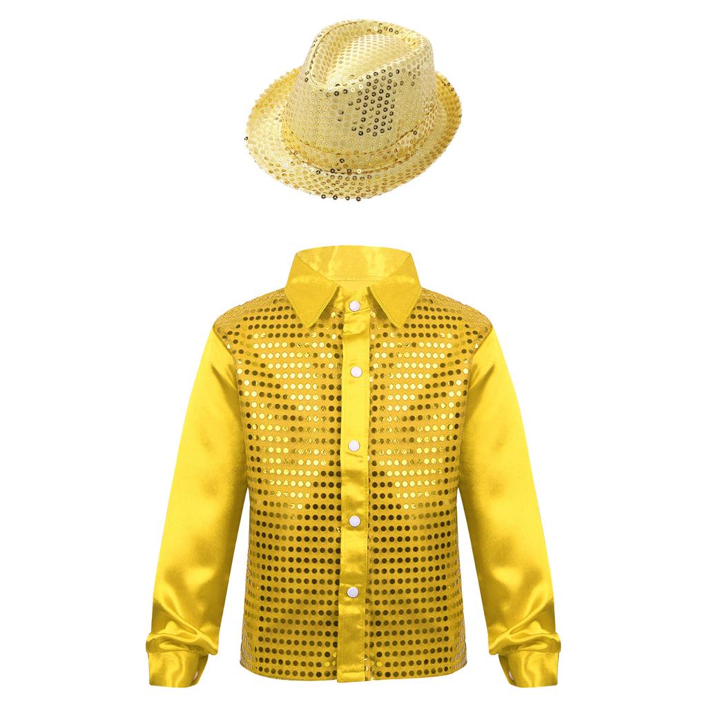 Pojkars glänsande paljettlångärmad skjorta med slagkrage, jazzdansshow, fedorahatt